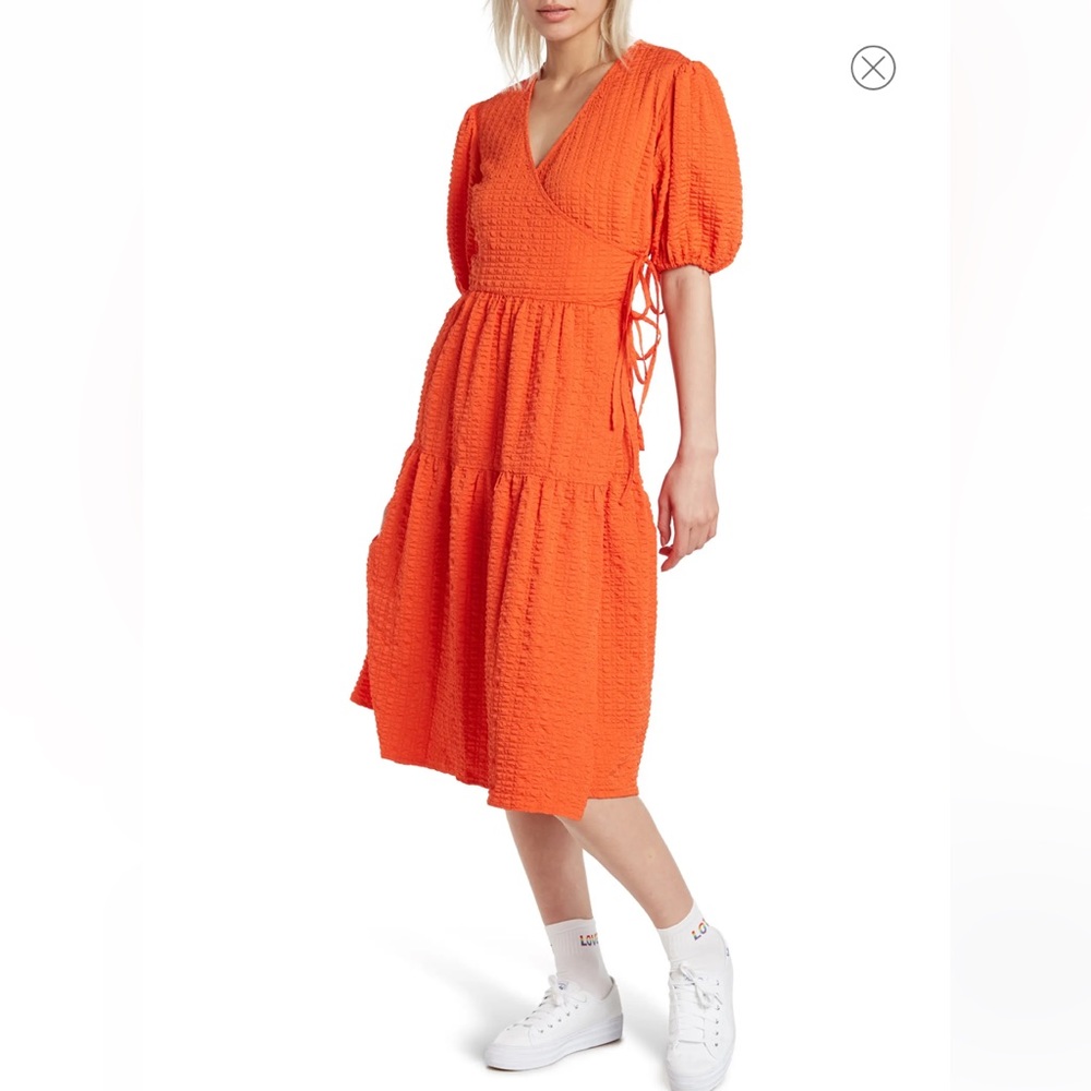 TopShop Textured Puff Sleeve Wrap Tiered Midi Dress Size 10